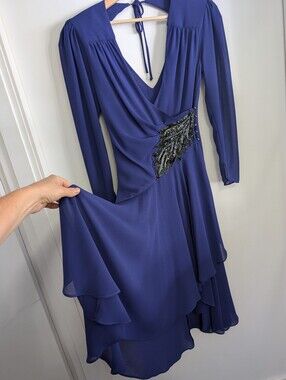 Vintage 80s Eletra Casadei XS Wrap Dress Royal Blue Beaded Leaf Asymmetrical Hem
